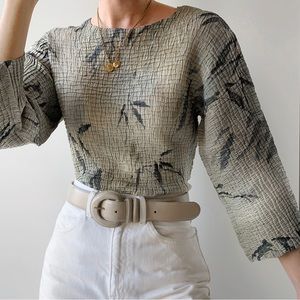 Vintage Armani crinkle textured stretchy long sleeve leaf pattern print blouse